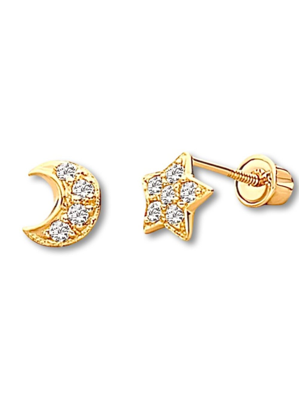 14K Gold Star & Moon CZ Stud Earrings | Celestial Design By Tehrani Jewelry